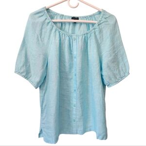 TALBOTS Women's Med 100% Linen Lt‎ Blue Popover Blouse (Faux Button Front) NWOT